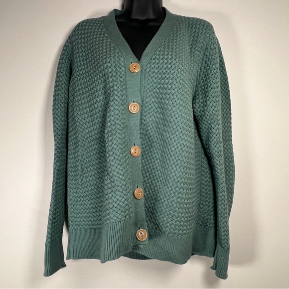 LL Bean Sweater Womens L Basket Weave Cardigan Button Front Blue Fisherman Prep - Picture 2 of 9